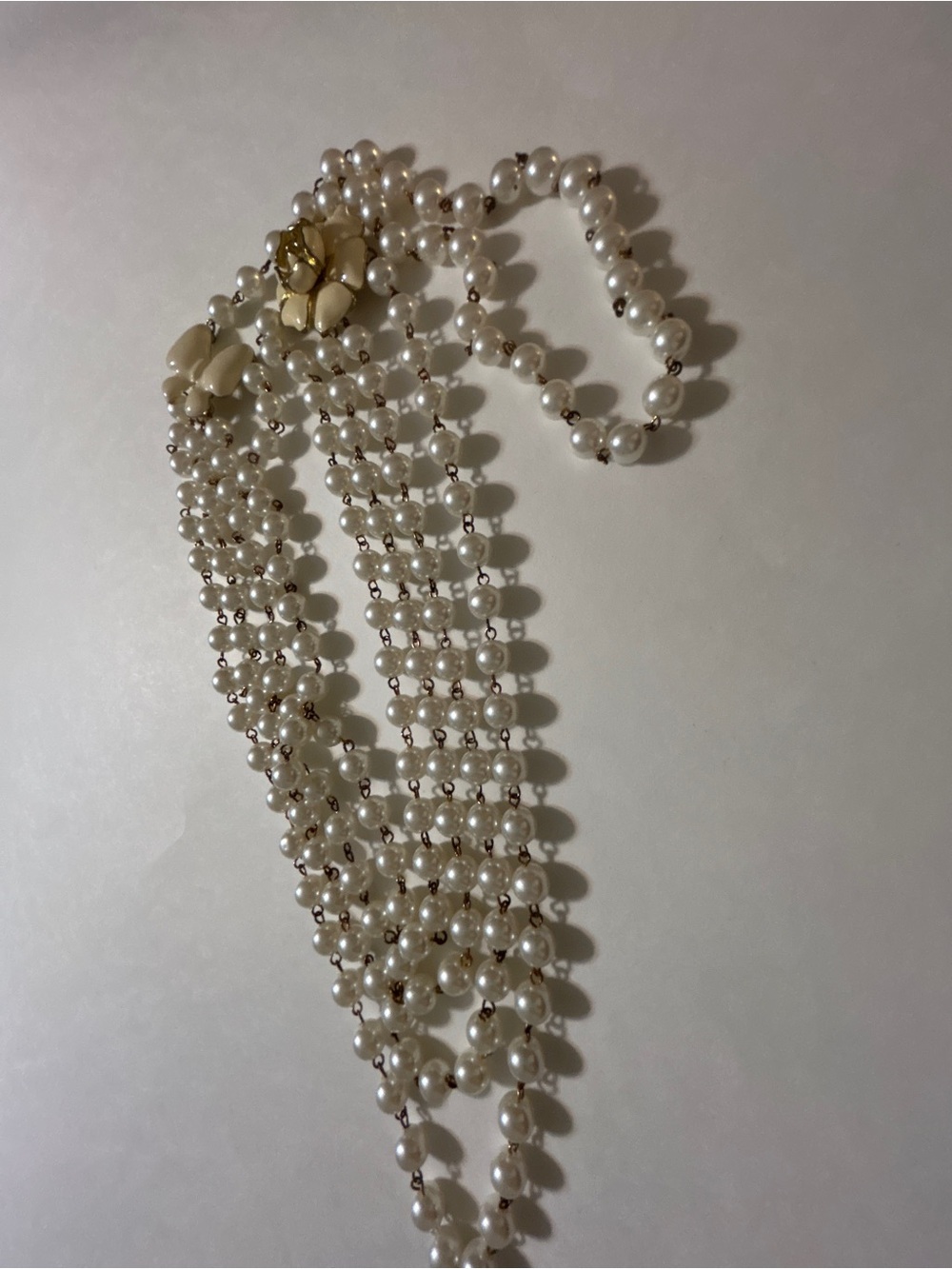Vintage Cream Faux Pearl Multi Strand Flower Bow Necklace